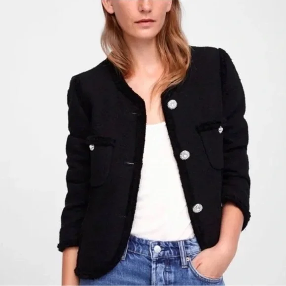 ZARA Black Tweed Frayed Blazer with Gem Buttons Size Large - Picture 2 of 9